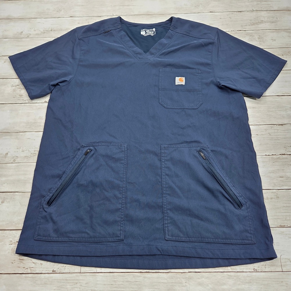 Carhartt Modern Fit V-Neck Scrub Top Women Large Navy Blue Zipper Pockets C15037